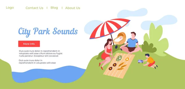 Family of parents and children spending weekend on picnic in park. Recreation and relaxation with relatives outdoors enjoying nature. Website or webpage template, landing page flat style vector