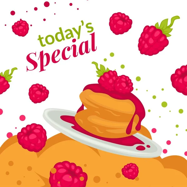 Special Offer Bakery Shop Pancakes Raspberry Jam Fresh Fruits Delicious — Stock Vector