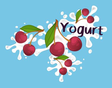 Organik vişneli yoğurt veya milkshake, smoothie veya meyveli tatlı süt. Sağlıklı beslenme ve beslenme için doğal süt ürünleri. Su sıçraması, paket ya da amblem reklamları. Düz biçimli vektör