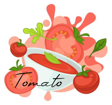 Olgun domates sebzesi ve otlu çorba, maydanoz ve fesleğen yaprağı. Evde ya da bistro 'da yemek. Sağlıklı beslenme. Kafe ya da restoran menüsü, reklam afişi ya da poster. Düz biçimli vektör