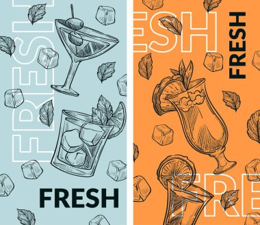 Alkolik içecekler, meyve dilimleri, buz küpleri ve taze nane yapraklarıyla kokteyller. Limonata ya da lezzetli tonik. Kafe ya da restoran menüsü, reklam afişi ya da poster. Düz biçimli vektör