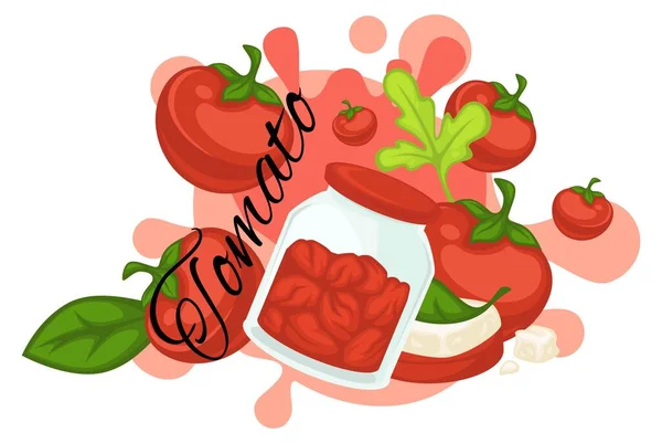 Organic food in grocery store, advertisement banner or preserved or conserved tomatoes in jar. Cooking and eating healthy meal, organic and natural ingredients. Vector in flat style illustration