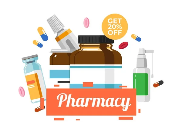 Pharmacie Avec Des Médicaments Pour Les Soins Santé Pour Cent — Image vectorielle