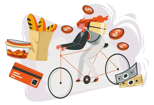 Delivery of ordered food and dishes, woman on bicycle riding to destination. Freshly baked baguette on package, salad in container. Getting money for quick transportation, vector in flat style