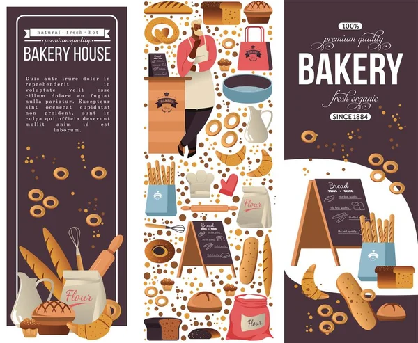 Ciasto Słodycze Piekarni Człowiek Stojący Przy Ladzie Sprzedający Bagietki Chleb — Wektor stockowy