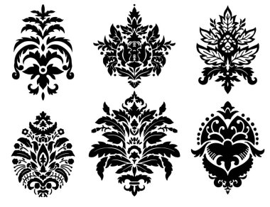 Silhouettes with damask motifs and ornaments, decorative prints. Isolated arabesque classic decorative element, oriental or baroque botany. Flowers and foliage with leaves. Vector in flat style clipart