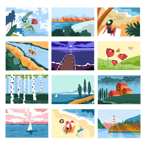 Landscapes of parks, forests and seasides, valley and lakes in summer season. Woman resting by sea or ocean, character sitting on pier under full moon. Poppy and blooming flora. Vector in flat style