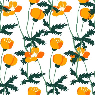 Yapraklı çiçekler ve saplı gür yapraklar mevsimlik yaz veya bahar çiçekleri ve basit süsler. Kusursuz desen ya da arkaplan, yazdırma ya da tekrarlanabilir duvar kağıdı. Düz biçimli vektör