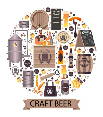 Birinci sınıf bira fabrikası üretimi ve üretimi, el yapımı bira. İzole edilmiş daire, ekipman, şişe alkollü içecek ve buğday malzemeleriyle donatılmış pankart. Düz biçim illüstrasyonunda vektör