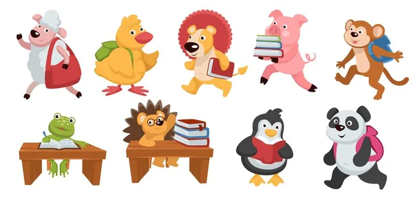 Childlike Small Animal Characters Walking Books Reading School Sheep Monkey — Stock Vector