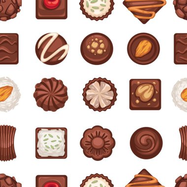 Kurabiyeli, fındıklı ve vişneli çikolatalı şekerler. Dükkanda ya da dükkanda, restoranda ya da fırında menü bulunan şekerleme ve tatlılar. Kusursuz desen, arkaplan ya da yazdırma, düz biçimli vektör