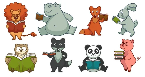 Hikaye Kitapları Okumak Ders Kitaplarıyla Bilgi Edinen Komik Hayvan Karakterleri — Stok Vektör