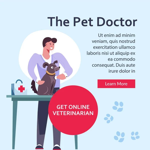 Medicine for pets and animals, dog on session with veterinarian. Man caring for puppy, man with first aid kit and medicaments. Website or webpage template, landing page, vector in flat style