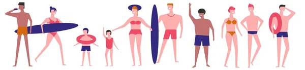 海辺での休暇や休日 夏休み ライフブイやサーフィンボードを持つ人々のリラックス エキゾチックな場所で海岸 海や海のリゾートで時間を過ごす文字 平型ベクトル — ストックベクタ