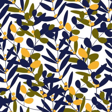 Sonbahar yaprakları ve dallar, sonbahar mevsiminin yeşillikleri. Dallar ve botanik, bitki örtüsü ve botanik öğeleri, kumaş için modaya uygun süsler. Kusursuz desen, arkaplan ya da yazdırma, düz vektör