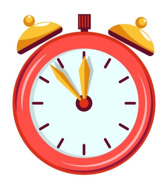 Son tarih ve zaman hassasiyeti, yüzü ve elleri olan izole bir saat, çanlar çalıyor. Sabah alarm, yönetim ve randevu, geri sayım ve iş için acele. Düz biçim illüstrasyonunda vektör