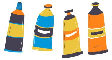 Resim ve çizim için sanat malzemeleri, renkli pigmentli ve boyalı izole tüpler, akrilik veya suluboya, guaj veya yağ. Eğitim ve beceri geliştirme. Boş zaman hobisi. Düz vektör