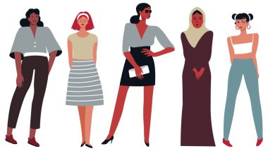 Farklı milletlerden ve çağlardan gelen kadınlar için modern ve modaya uygun kıyafetler. Ayrı yaşayan kadınlar, üst, üst, üst, üst ve bluz ya da etek giymiş kot pantolon giyerler. Moda mankenleri. Düz biçimli vektör