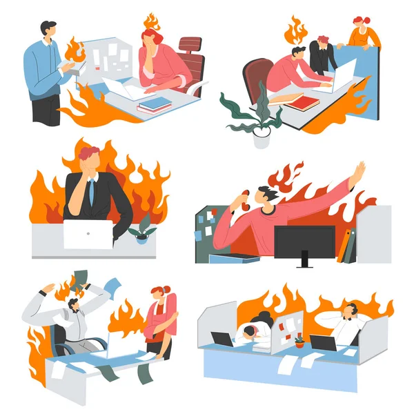 stock vector Frustrated people working in team in office, flame and fire symbol of anger and annoying emotions. Boss director and employees, deadline and project completion failing in time. Vector in flat style