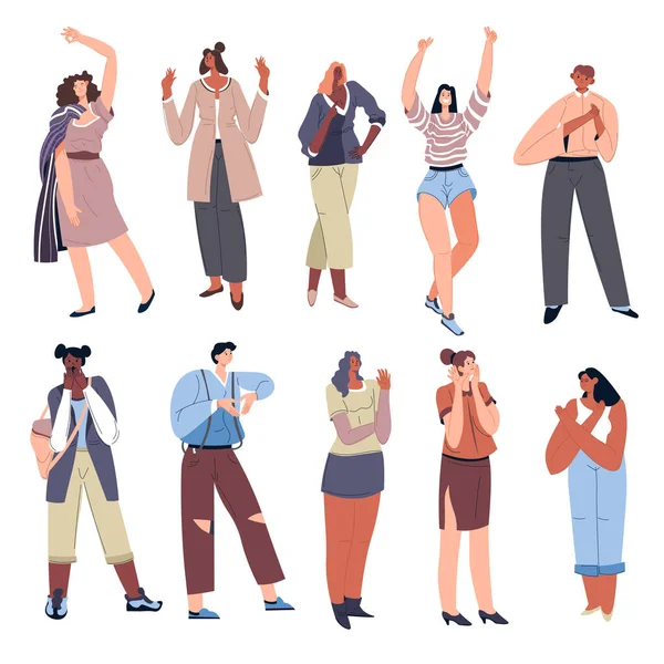 El kol hareketi yapan ve duygularını gösteren insanlar, dur işareti olan izole edilmiş erkek ve kadınlar, çapraz kollar. Eller yukarı, tamam ve şenlikli ya da kutlama havasında. Sözsüz dil ve konuşma. Düz biçimli vektör