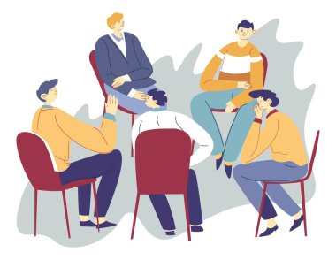 Grup seansı ya da terapi, arkadaşlardan ve meslektaşlardan iletişim ve destek. Çemberdeki izole insanlar sandalyede oturuyorlar. Tartışın ve konuşun, isimsiz kulüp. Düz biçim illüstrasyonunda vektör