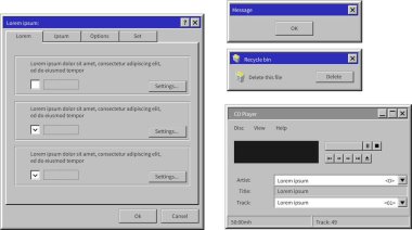 Pencerelerin arayüzü, eski sürüm veya xp. Ekrandaki düğmeler ve bilgiler, seçenekleri ve ayarları olan izole tablolar. Geri dönüşüm kutusu, bilgisayar veya dizüstü bilgisayarı olan bir panel. Düz biçimli vektör