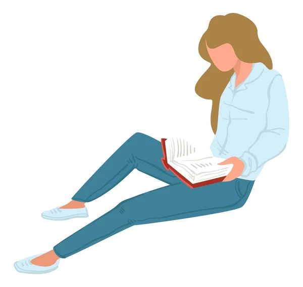 Kvinna Läsning Bok Isolerad Kvinnlig Karaktär Med Publicering Njuter Litteratur — Stock vektor