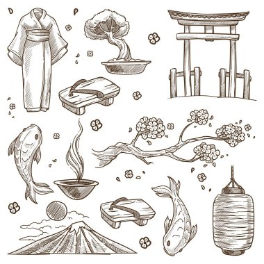 Asya kültürü ve Japon halkının geleneksel kıyafetleri. Kimono elbisesi ve bonsai ağacı, kiraz çiçeği sakura ve Fuji dağı, koi balığı ve ateş. Kağıt fener ve tapınak, parmak arası terlik, tek renkli vektör.