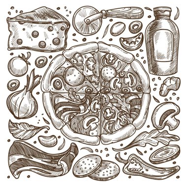 İtalyan pizza tarifi, malzemeli pişmiş yemek. Peynir ve soğan, salam ve pastırma, mantar ve baharatlı otlar, sos ve sarımsak. Tek renkli çizim taslağı. Düz biçim menüsünde vektör