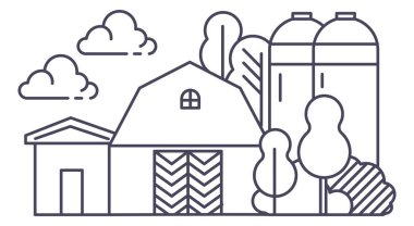 Tarlada tarım aletleri ve kırsal alandaki işlerle dolu bir çiftlik. Köydeki evler, kulübeler ya da fabrikalar. Tarım endüstrisi ve bahçıvanlık. Düz biçimdeki depolama vektörü