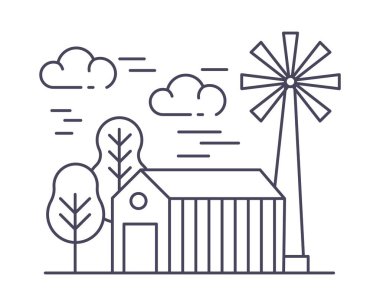 Köy ve köy manzarası. Değirmenli ve pervaneli ahır, yel değirmeni ve un üretimi. Tarım ve ekolojik tarım, ekolojik ve biyolojik üretim tarım arazilerinde. Düz biçimli vektör