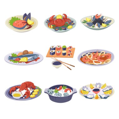 Midye, karides, somon fileto, pirinç ve kırmızı balıklı suşi. Kerevit ve yengeç ya da dereotlu ıstakoz ve maydanoz. Ahtapot ve soslu istiridye ile hindistan cevizi sütü çorbası. Düz biçimli vektör