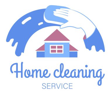 House cleaning service, company maintaining home or apartment in tidiness. Glove and wet wipe, professional care and disinfection of surfaces. Purity and hygiene, label or logo. Vector in flat style