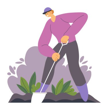 Male character with shovel gardening and tending for crops or garden, isolated man digging hole in soil, agriculture and horticulture, outdoors working at farm or village. Vector in flat style