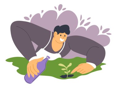 Male character gardening man with growth booster for plants, growing flowers and caring for botany. Gardener with liquid in bottle, watering and refreshing foliage. Farming and agriculture vector