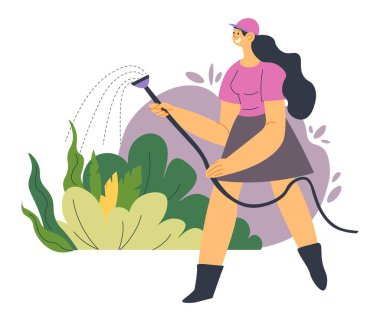 Female character with hose watering plants and flowers, bushes and grass outdoors in garden or orchard. Woman gardening and caring for greenery of yard, farming on plantation. Vector in flat