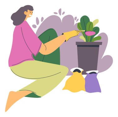 Florist caring for plants in pots, isolated woman gardening and planting flowers and botany. Farming and cultivating soil for foliage. Hobby of female character in gloves, vector in flat style
