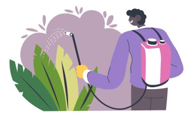 Male character using sprayer for plants and foliage, fighting against bugs and protecting flora from harmful beetles. Agriculture and gardening, farming and countryside works. Vector in flat style