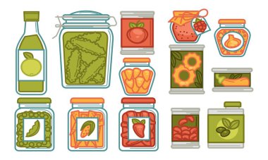 Pickled cucumber and pepper, crunchy gherkins and corn, canned pea and apple vinegar or sauce. Aubergine and olives, pineapple slices and garlic, raspberry jam and tomato. Vector in flat style