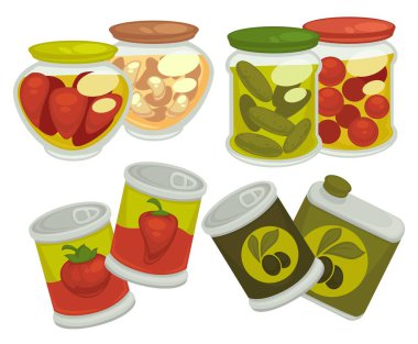 Canned cucumbers and peppers, tomatoes and olives, garlic in bottle. Pickles and fermented vegetables, healthy eating and dieting, nutrition and appetizers for meal course. Vector in flat style