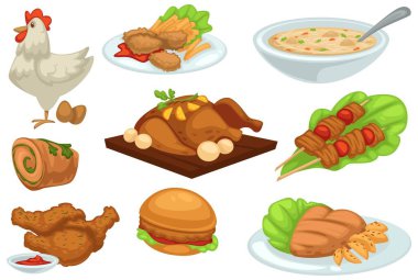 Food and dishes based on chicken meat and eggs. Baked or grilled poultry, soup and roll with meat. Hamburger or cheeseburger, barbeque and drumsticks. Cooking and dieting, vector in flat style