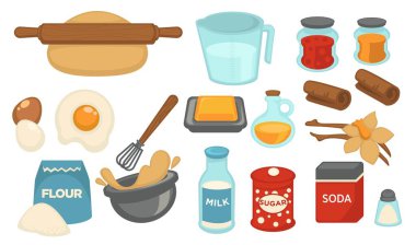 Cooking and baking, preparing food ingredients for meal. Flour and eggs, baking soda and spices, butter and milk, salt and vanilla extract with cinnamon. Bakery or do it yourself. Vector in flat style