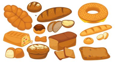 Bread and buns, baguette and rolls, bakery shop or store products assortment. Making food at home, delicious snacks and cuisine for gourmet. Nutrition and dieting, confectionery. Vector in flat