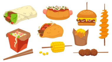 Asian and mexican fast food, american and european snacks and appetizers. Burrito and taco with meat, hot dog with sausage, wok or noodles, sweet corn and meatballs, burger and potato, vector