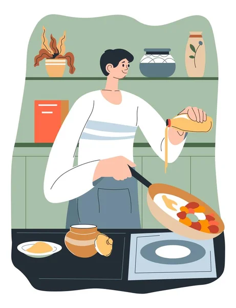 Personaggio Maschile Preparare Colazione Pranzo Cena Cena Cucina Casa Preparare — Vettoriale Stock