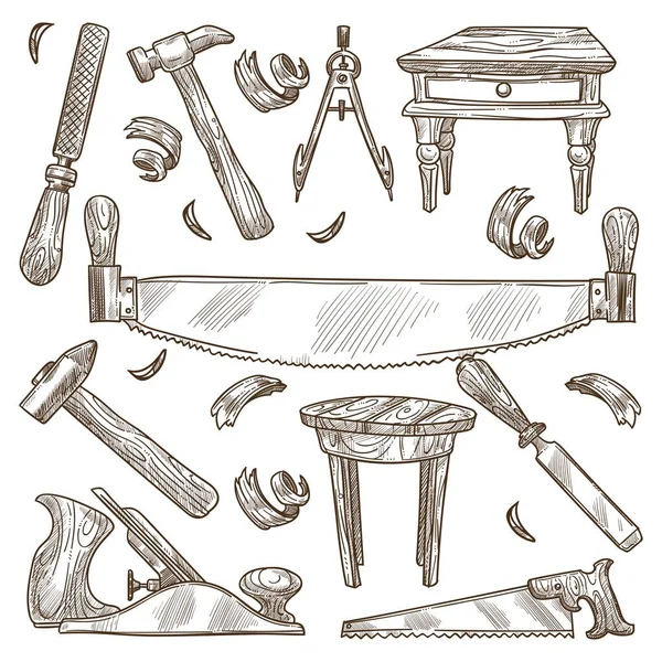 Инструменты Инструменты Работы Столярных Полях Изолированные Пилы Молотки Стол Машины — стоковый вектор