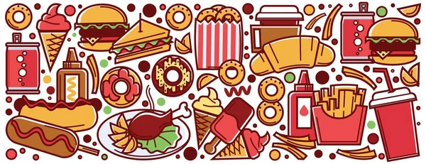 Traditional fast food dishes and recipes, sandwiches and burgers with meat, croissants and donuts with glazing. Hot dog and chicken drumstick, ice cream, and soda drink. Vector in flat style