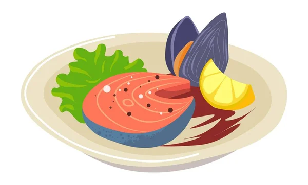 Seafood Dish Restaurant Plate Served Salmon Fillet Grilled Baked Mussels — Vetor de Stock