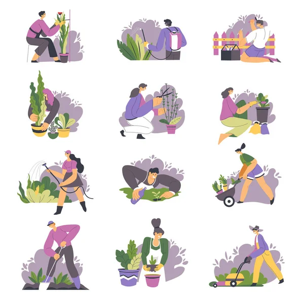 Male and female character tending gardens and orchards, caring for plants by gardening and planting, spraying botany protecting from harmful beetles and bugs. Watering and giving boosters for growth