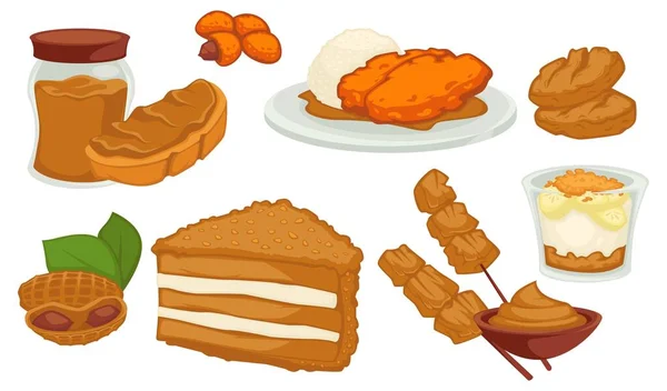 Food and dishes made with addition of peanut butter. Isolated roasted nut, cakes and cookies or wafers. Jelly and jam, sweets and desserts in shop or store, recipes or menu. Vector in flat style